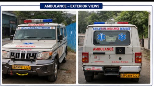 SSR ambulance exterior front and rear views with roof beacon lights and signage, Visakhapatnam