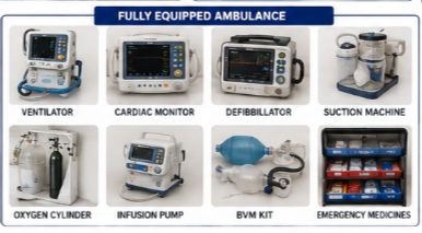 Ventilator, cardiac monitor, defibrillator, suction machine, oxygen cylinder, infusion pump, BVM kit and emergency medicines carried on the SSR ambulance