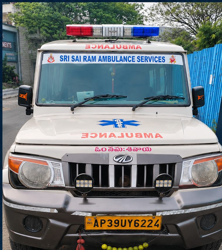 SSR A/C ICU ambulance front view with roof beacon lights, Visakhapatnam