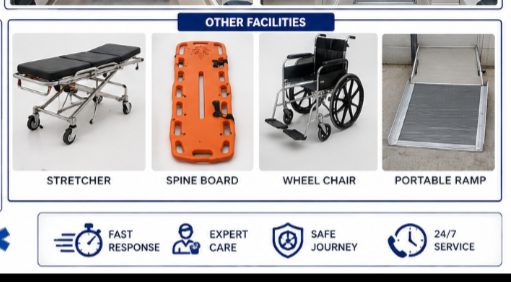 Stretcher, spine board, wheelchair and portable ramp equipment available on the SSR ambulance